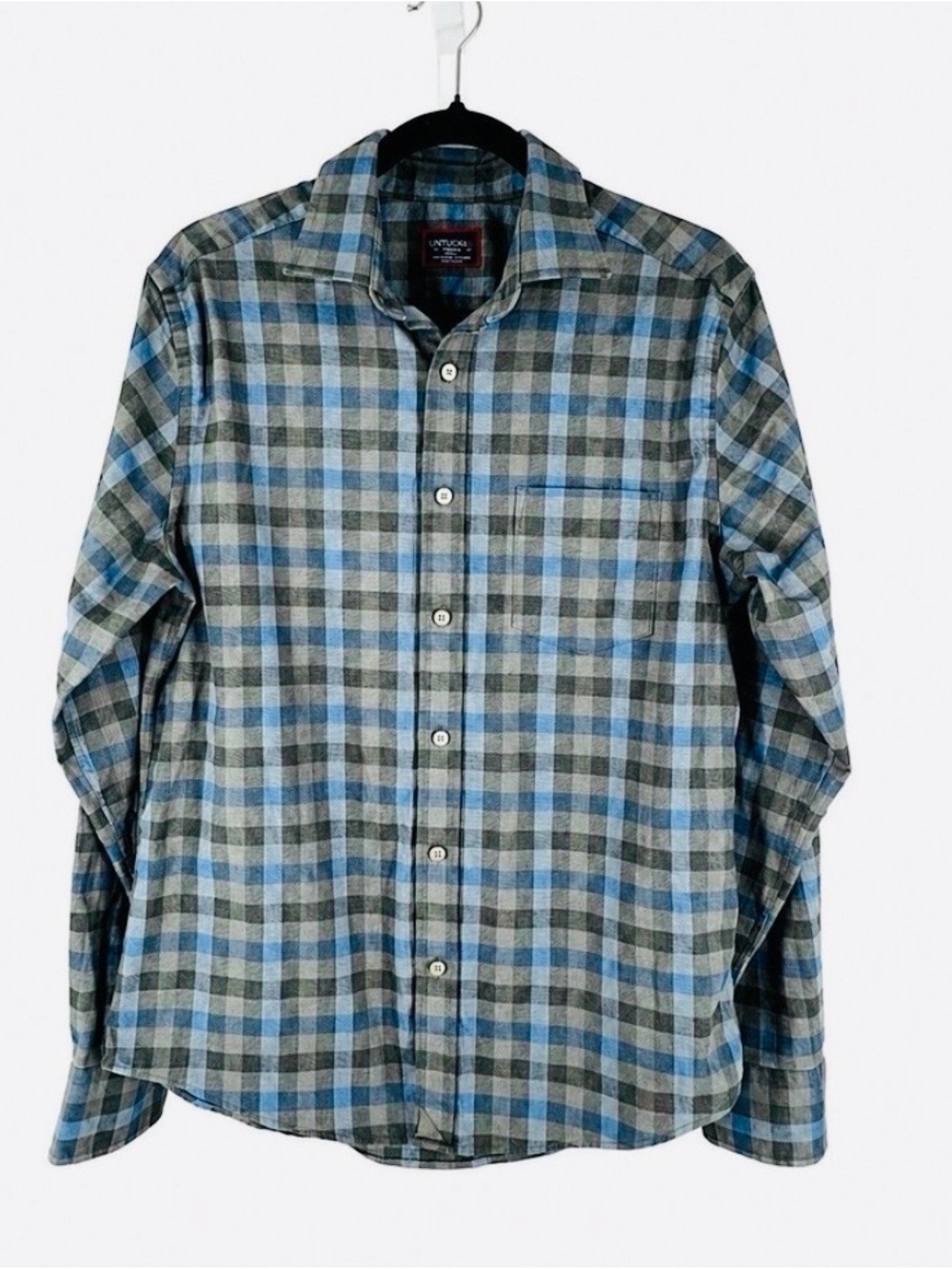 UNTUCKit Jeromin Men’s Medium Grey Blue Check Button Down Shirt Slim Fit